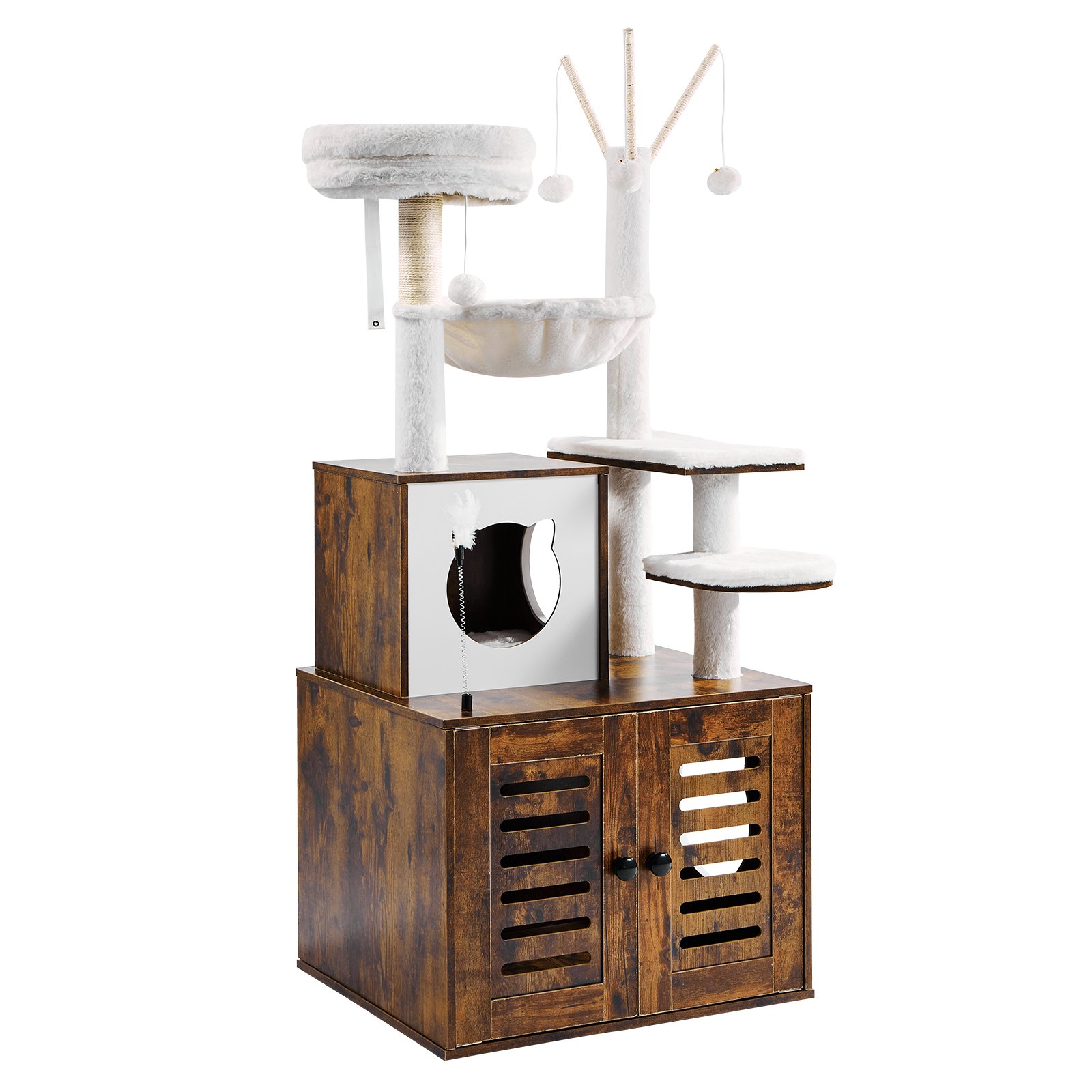 VEVOR Kratzbaum, 138 cm groß, 2-in-1-Katzenkletterturm mit Katzentoilettenmöbel, mehrstöckiges Katzenhaus mit Sitzstange, Sisal-Katzenbaum, Hängematte, Ruhehaus für Kätzchen im Innenbereich