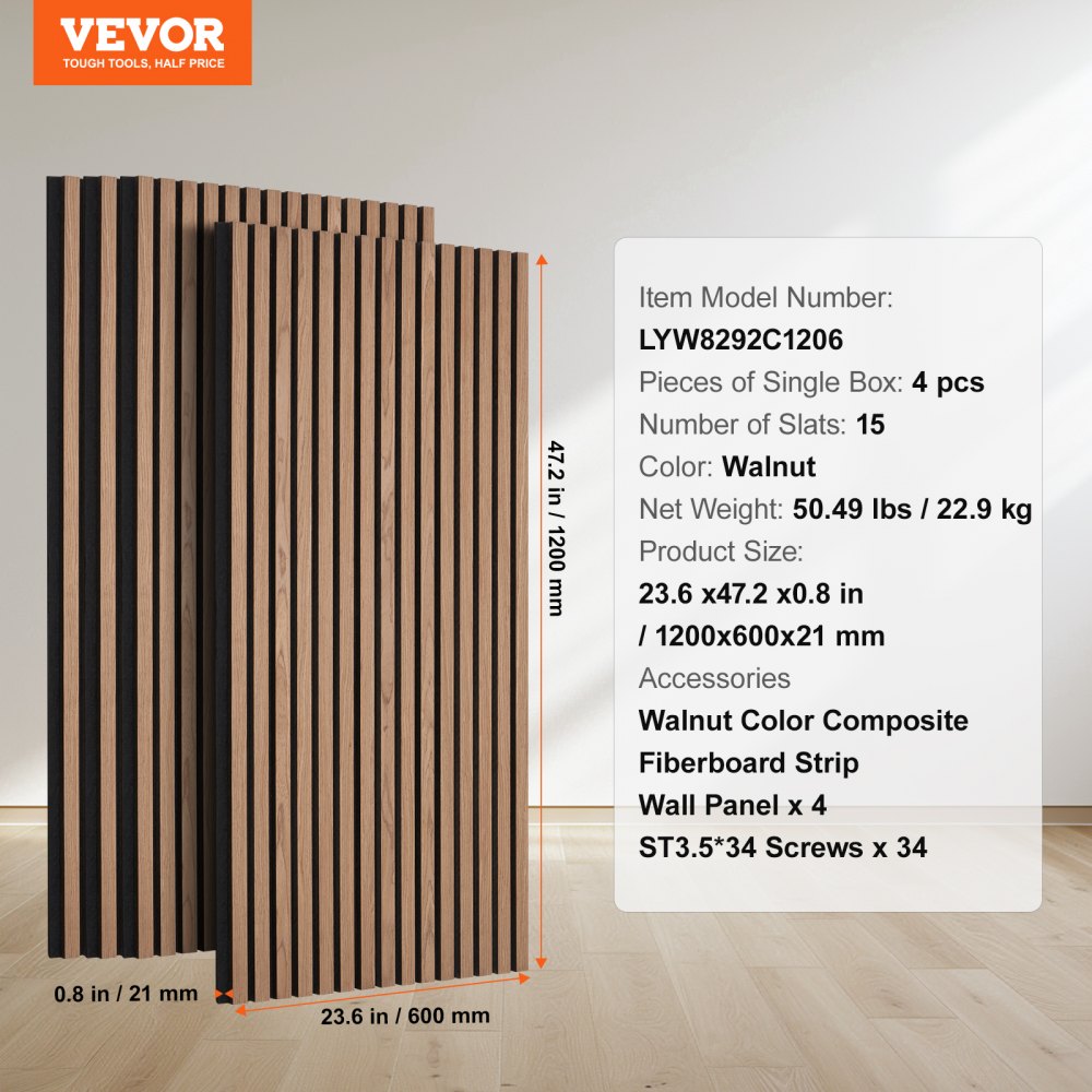 VEVOR Akustikpaneele, 1200x600x21mm, Akustik Wandpaneele, MDF-Akzent-Holzwandpaneele für moderne Innenwanddekoration, Akustikpaneel Kunstholz-Wandplatten zur Geräuschreduzierung, 4er-Set