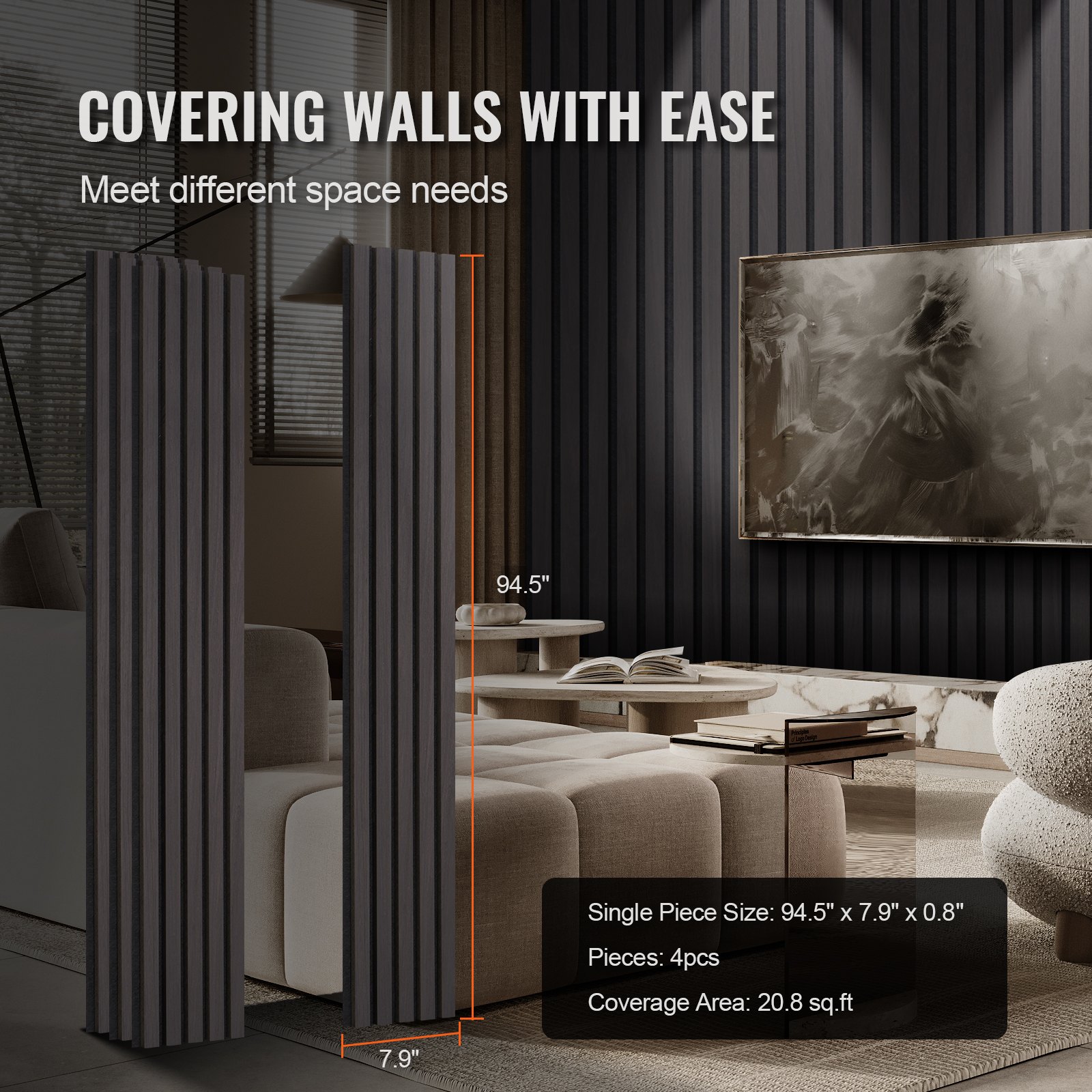 VEVOR Akustikpaneele, Akustikplatten, 2400 x 200 mm, MDF-Akzent-Holzwandpaneele für moderne Innenwanddekoration, Kunstholz-Wandplatten zur Geräuschreduzierung, Schwarzeiche, 4er-Set