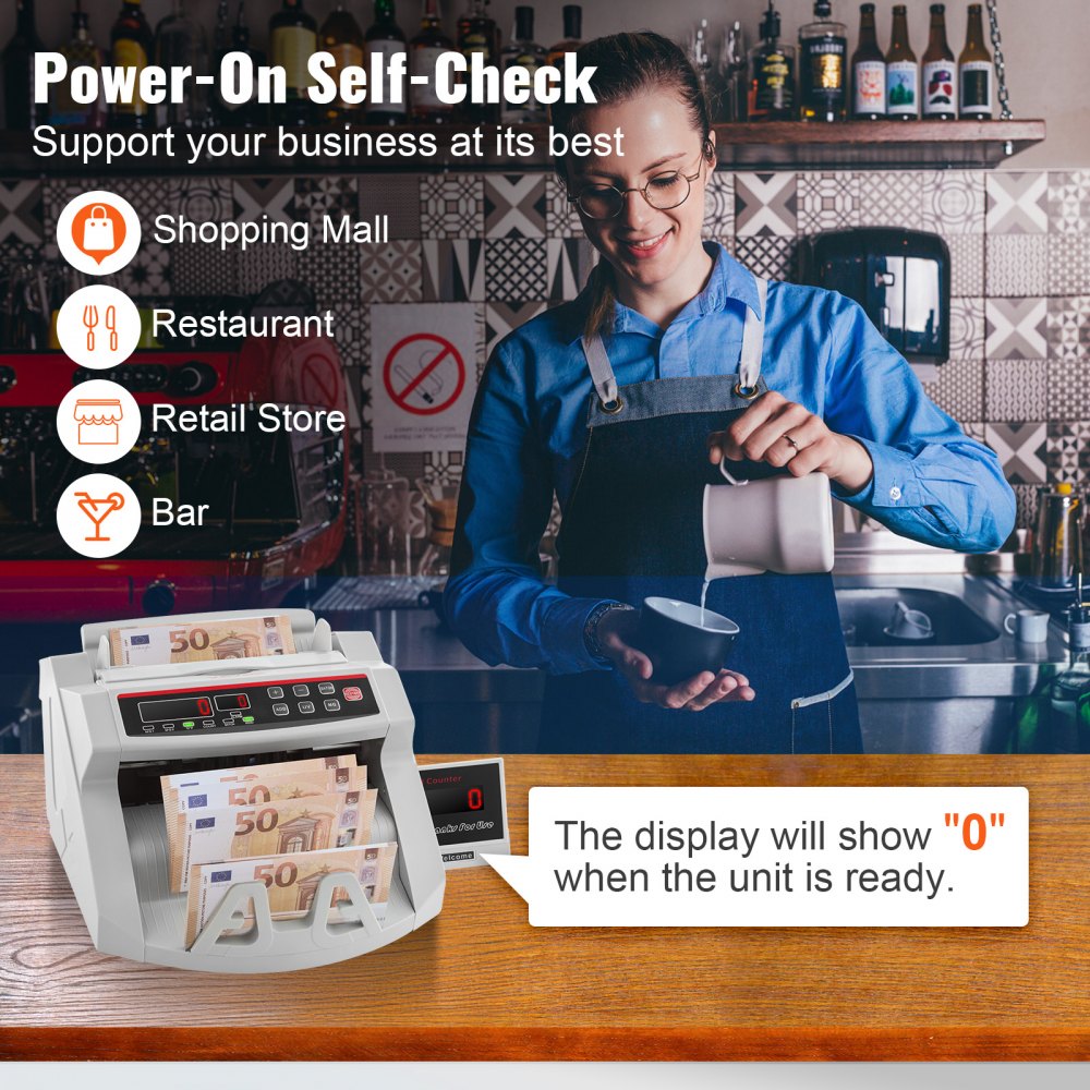 VEVOR FJ0288 Geldzählmaschine Weiß mit Echtheitprüfung, Banknotenzähler 1000 Stück/min mit UV- und MG-Systemen, 7 kg mit LED-Bildschirm für Euro, Dollar, Pfund (26 x 23,5 x 17 cm)