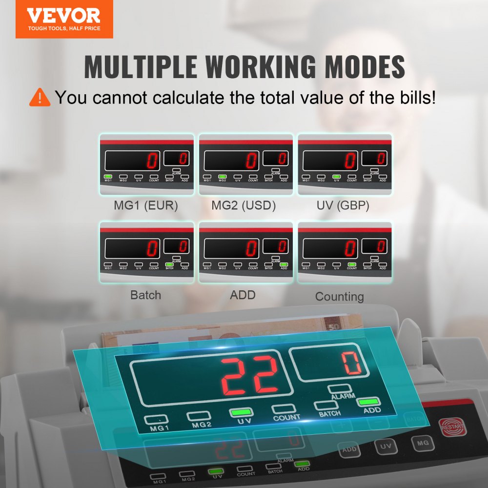 VEVOR FJ0288 Geldzählmaschine Weiß mit Echtheitprüfung, Banknotenzähler 1000 Stück/min mit UV- und MG-Systemen, 7 kg mit LED-Bildschirm für Euro, Dollar, Pfund (26 x 23,5 x 17 cm)
