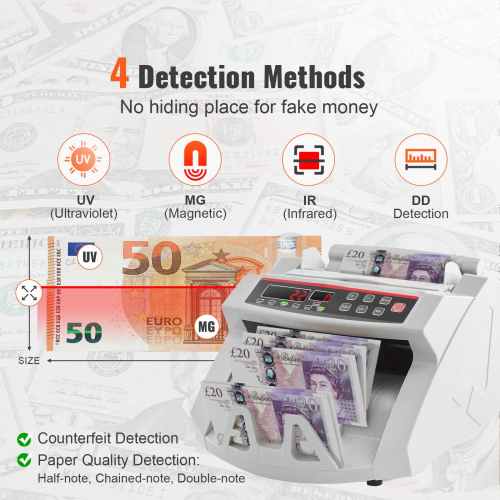 VEVOR FJ0288 Geldzählmaschine Weiß mit Echtheitprüfung, Banknotenzähler 1000 Stück/min mit UV- und MG-Systemen, 7 kg mit LED-Bildschirm für Euro, Dollar, Pfund (26 x 23,5 x 17 cm)