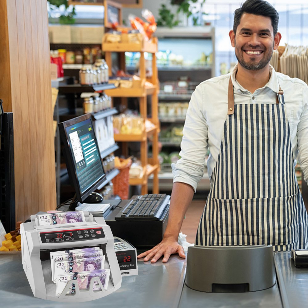 VEVOR FJ0288 Geldzählmaschine Weiß mit Echtheitprüfung, Banknotenzähler 1000 Stück/min mit UV- und MG-Systemen, 7 kg mit LED-Bildschirm für Euro, Dollar, Pfund (26 x 23,5 x 17 cm)