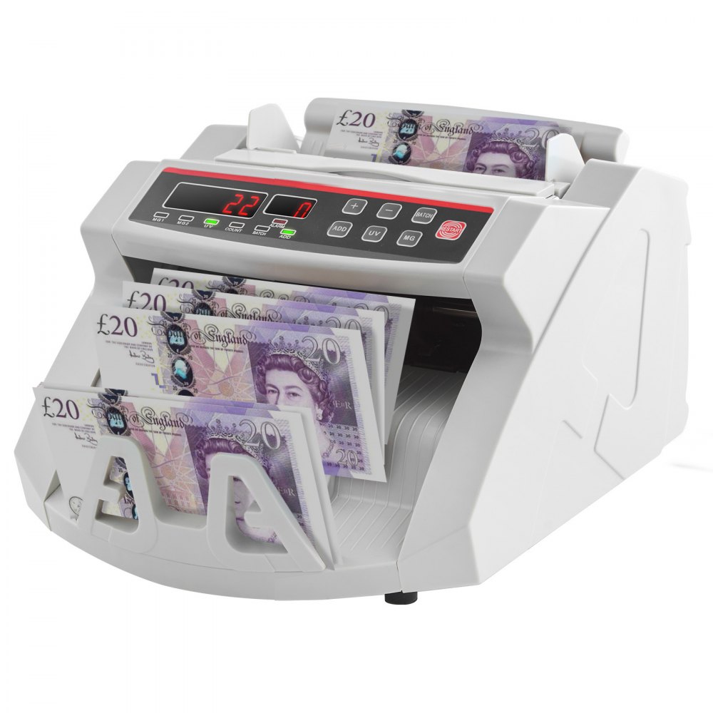 VEVOR FJ0288 Geldzählmaschine Weiß mit Echtheitprüfung, Banknotenzähler 1000 Stück/min mit UV- und MG-Systemen, 7 kg mit LED-Bildschirm für Euro, Dollar, Pfund (26 x 23,5 x 17 cm)