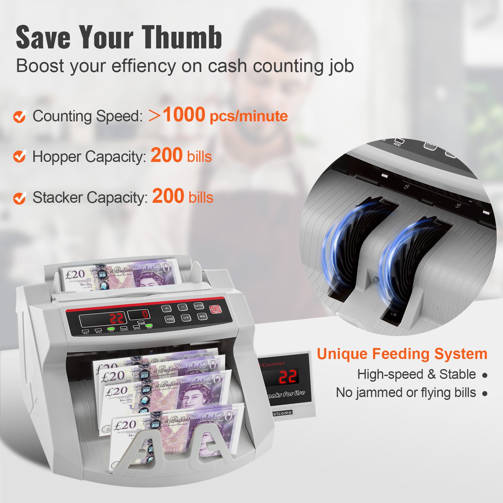 VEVOR FJ0288 Geldzählmaschine Weiß mit Echtheitprüfung, Banknotenzähler 1000 Stück/min mit UV- und MG-Systemen, 7 kg mit LED-Bildschirm für Euro, Dollar, Pfund (26 x 23,5 x 17 cm)