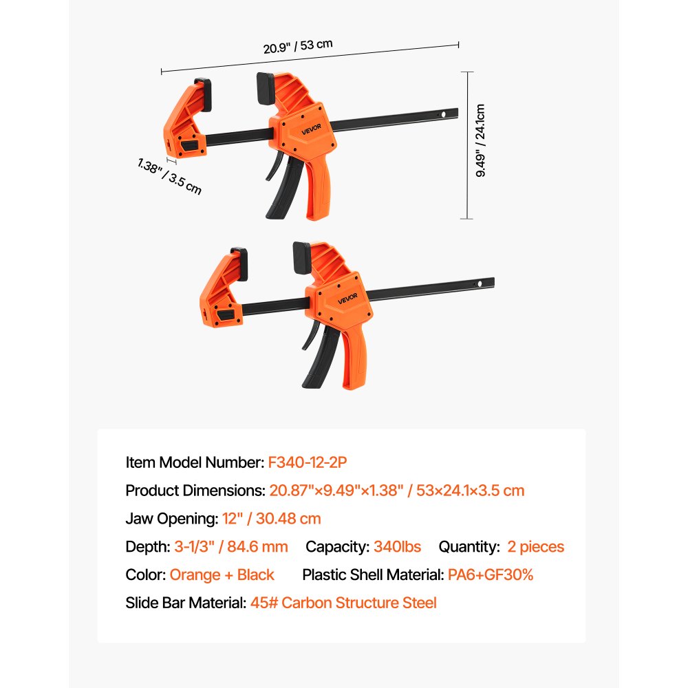 VEVOR Stangenklemmen für Holzbearbeitung 2 Stk. 30,48 cm Öffnung, Quick-Grip F-Klemme mit 154 kg Belastungsgrenze, 84,6 mm Tiefe, Kunststoff & Karbonstahl, Metallbearbeitung Orange + Schwarz