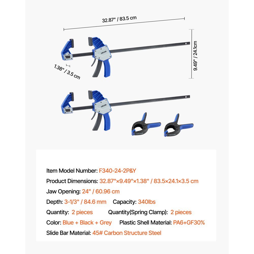 VEVOR Stangenklemmen für Holzbearbeitung 2 Stk. 60,96 cm Öffnung, Quick-Grip F-Klemme mit 154 kg Belastungsgrenze, 84,6 mm Tiefe, Klemmen Set aus Kunststoff & Karbonstahl, Metallbearbeitung