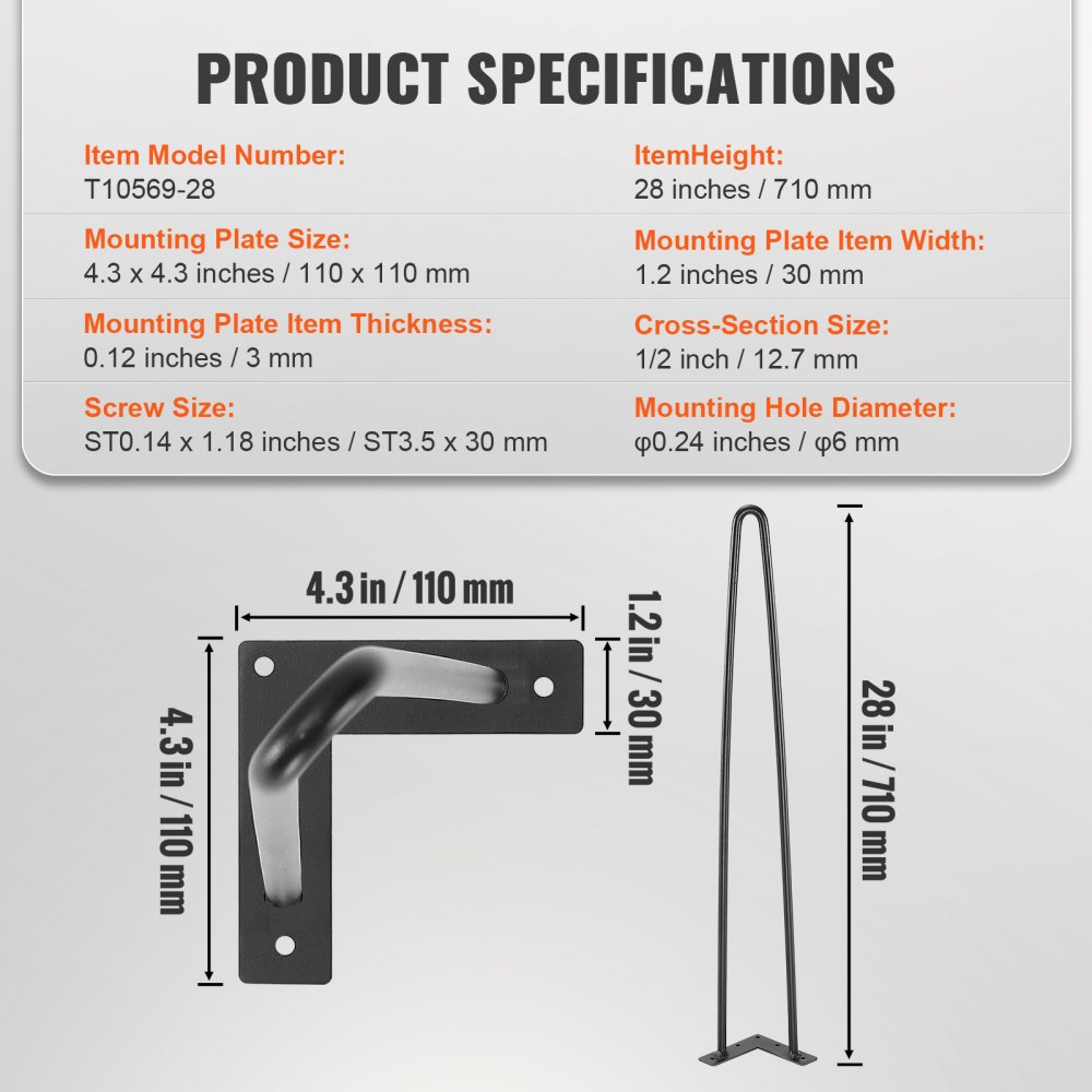 VEVOR 4er-Set Tischbeine Haarnadelbein 710mm hoch 110x110mm Montageplatte Kohlenstoffstahl Pulverbeschichtet Hairpinlegs 227kg Tragfähigkeit Ideal für Küchentische Wohnzimmerkonsolen Studio-Tische