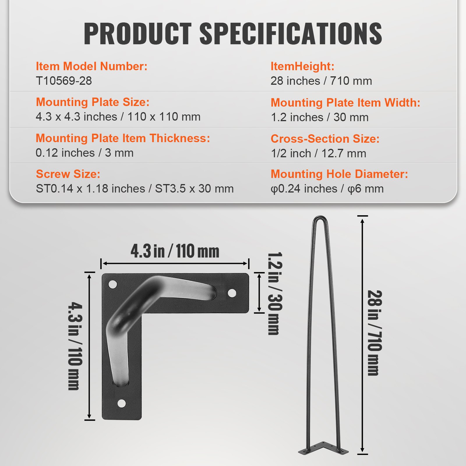 VEVOR 4er-Set Tischbeine Haarnadelbein 710mm hoch 110x110mm Montageplatte Kohlenstoffstahl Pulverbeschichtet Hairpinlegs 227kg Tragfähigkeit Ideal für Küchentische Wohnzimmerkonsolen Studio-Tische