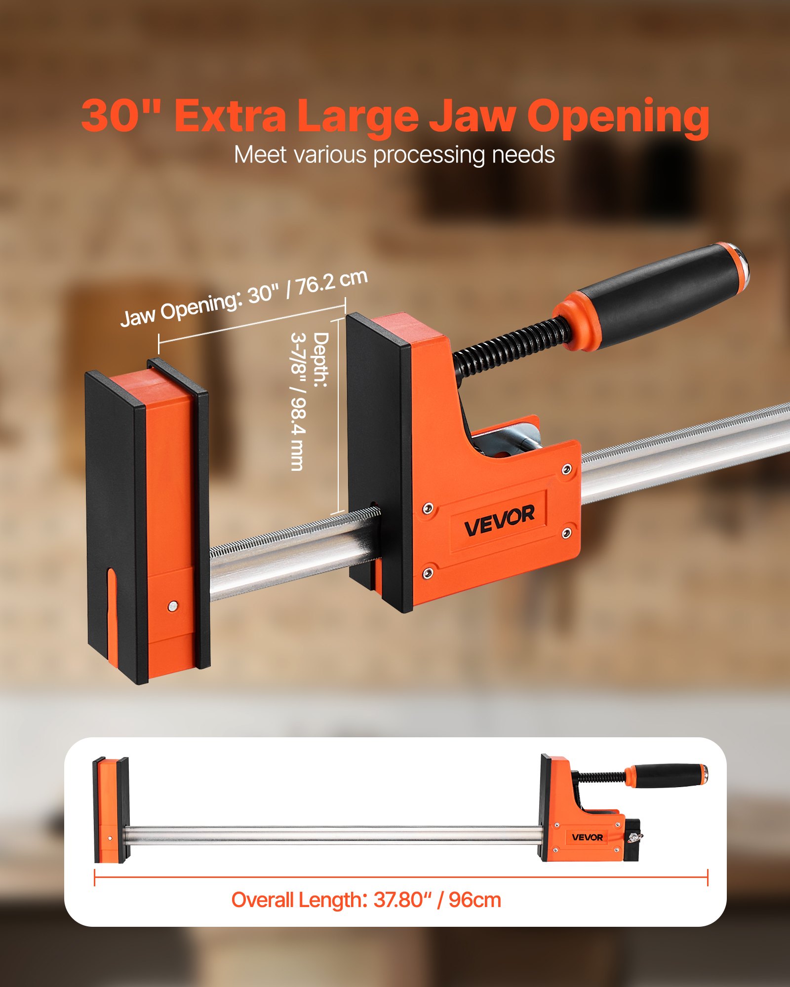 VEVOR Bar Clamps for Woodworking, 2-Pack 76.2 cm Parallel Clamp Set, F-Clamp with 680 kg Load Limit, Even Pressure, High-strength Plastic and Carbon Steel, for Woodworking Metal Working, Orange