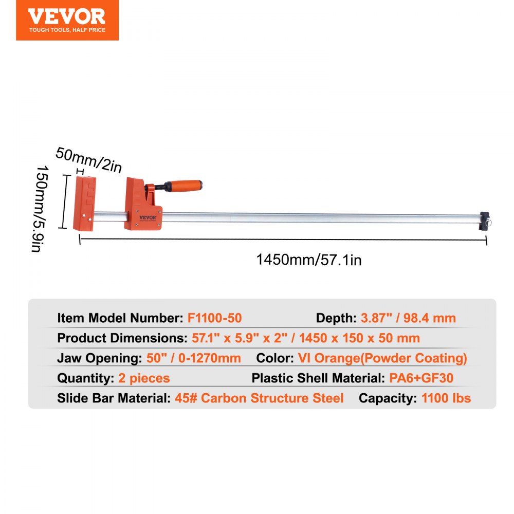 VEVOR rod clamps for woodworking, 2-pack parallel clamp set 127 cm, F-clamp with 500 kg load limit, even pressure, high-strength plastic and carbon steel, wood clamps