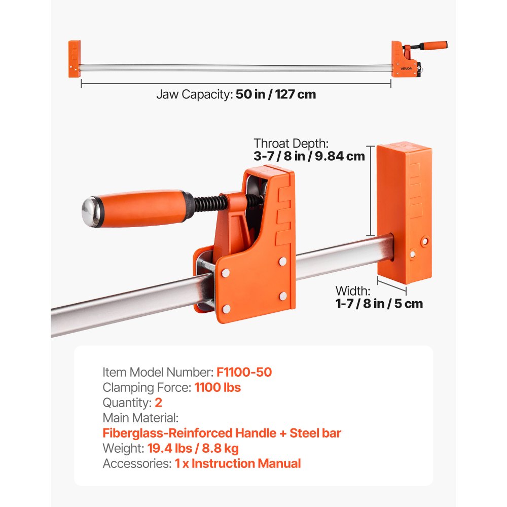 VEVOR Stangenklemmen für die Holzbearbeitung, 2er-Pack, 127cm Parallelklemmen-Set, 499 kg Last