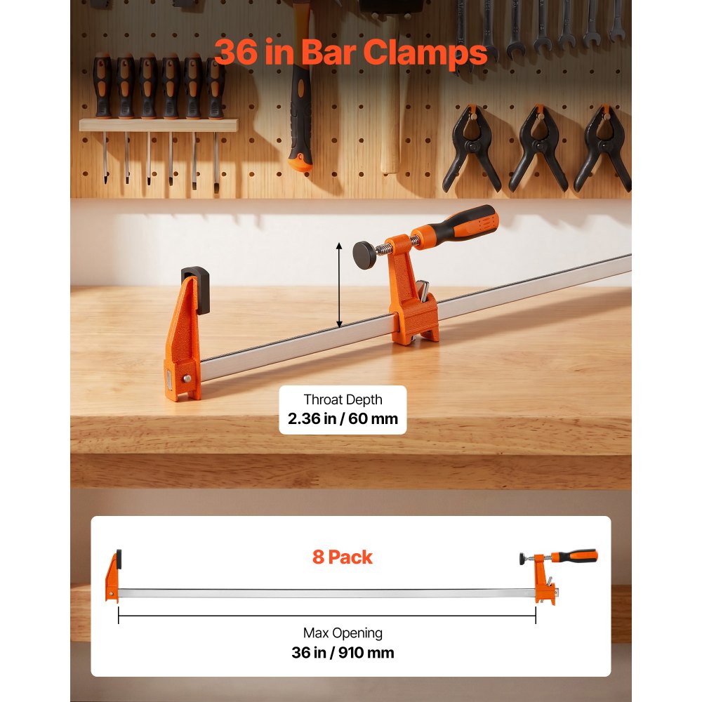 VEVOR Schraubzwingen 8er-Pack, 91,4 cm Öffnungsweite, F-Zwingen, 272 kg Klemmzwingen, mit Kunststoffauflage & Selbstverriegelung, Gusseisen & Kohlenstoffstahl, für die Holz- & Metallbearbeitung