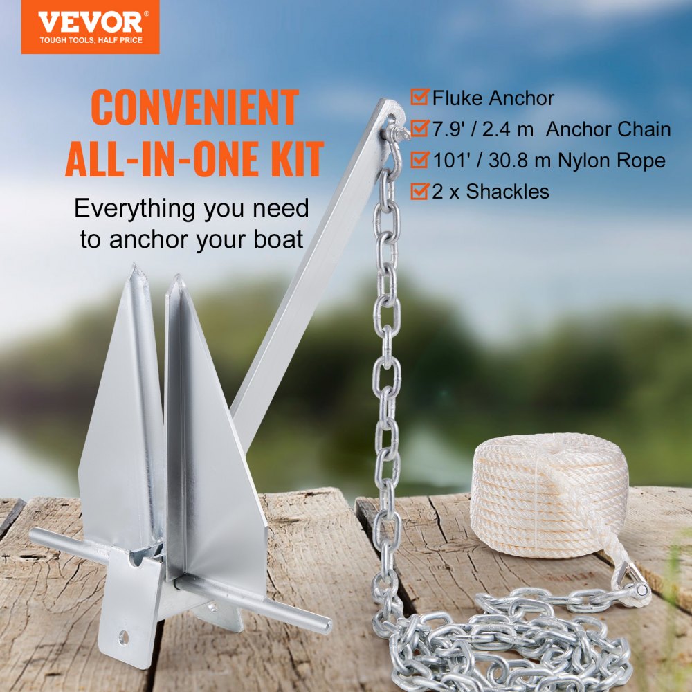 VEVOR Fluke-Ankerset Feuerverzinkter Fluke-Anker aus Stahl mit 2,4 m Kette, 30,8 m Seil und zwei 11 mm Schäkeln, Bootsanker für kleine Schiffe unter 9,14 m, Meere, Flüsse und Küsten 6kg