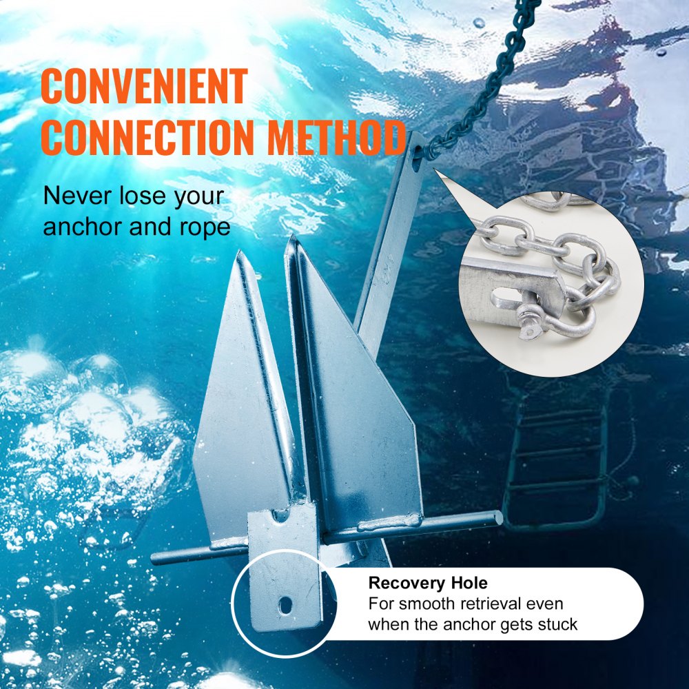 VEVOR Fluke-Ankerset Feuerverzinkter Fluke-Anker aus Stahl mit 2,4 m Kette, 30,8 m Seil und zwei 11 mm Schäkeln, Bootsanker für kleine Schiffe unter 9,14 m, Meere, Flüsse und Küsten 6kg