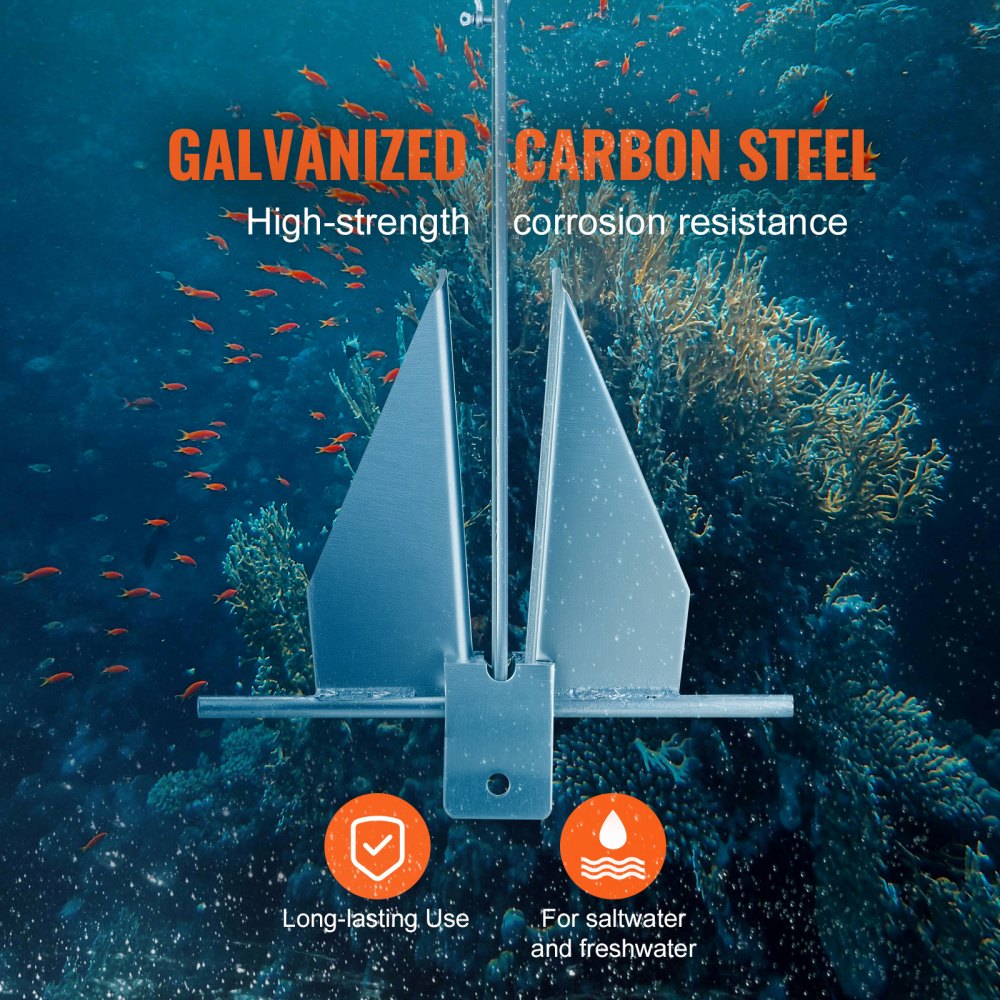 VEVOR Fluke-Ankerset Feuerverzinkter Fluke-Anker aus Stahl mit 2,4 m Kette, 30,8 m Seil und zwei 11 mm Schäkeln, Bootsanker für kleine Schiffe unter 9,14 m, Meere, Flüsse und Küsten 6kg
