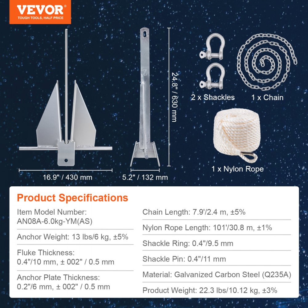VEVOR Fluke-Ankerset Feuerverzinkter Fluke-Anker aus Stahl mit 2,4 m Kette, 30,8 m Seil und zwei 11 mm Schäkeln, Bootsanker für kleine Schiffe unter 9,14 m, Meere, Flüsse und Küsten 6kg