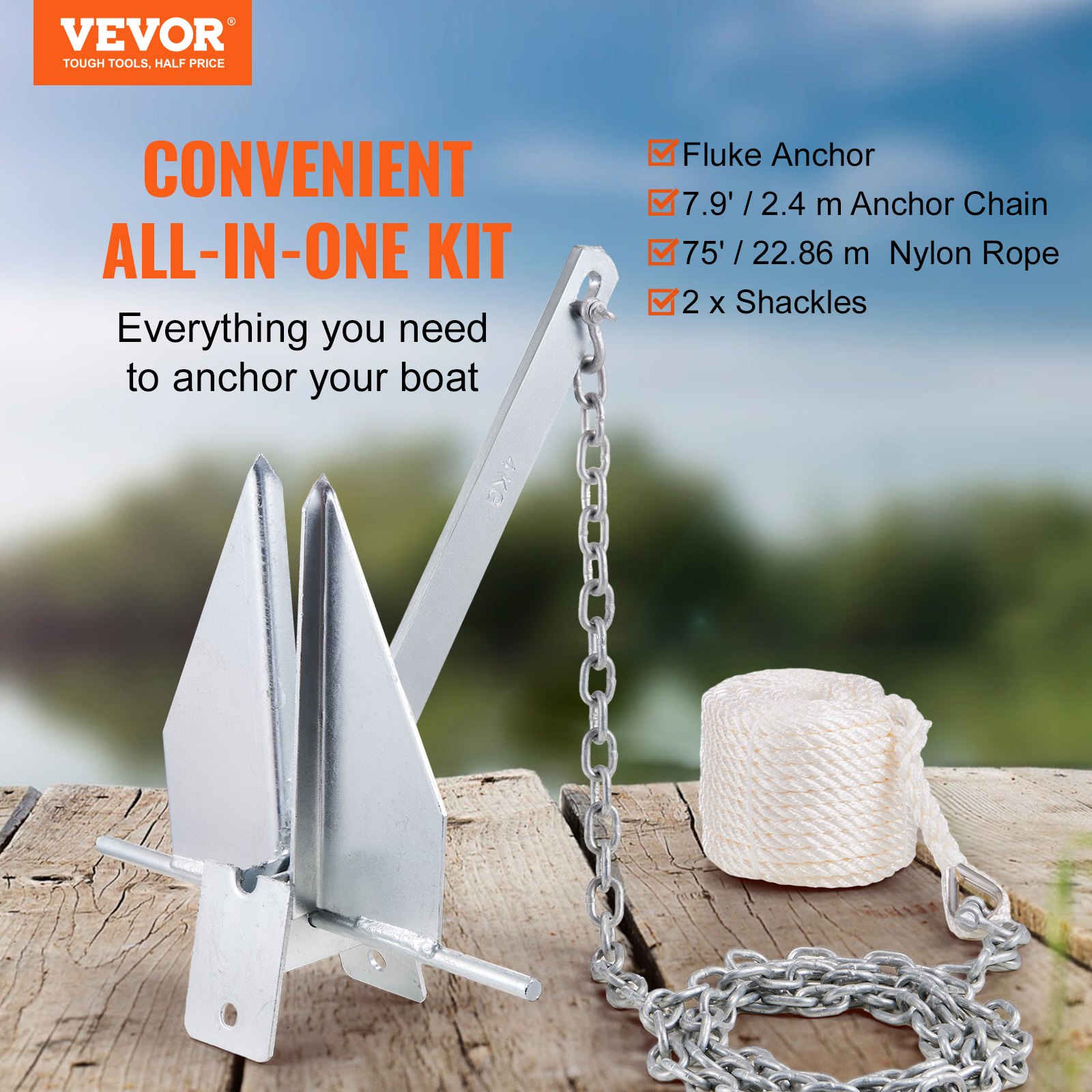 VEVOR Fluke Anchor Set: Hot-dip galvanized Fluke anchor, 4 kg, made of steel with 2.4 m chain, 22.86 m rope and two 9 mm shackles; boat anchor for small vessels under 5.49 m, seas, rivers and coasts