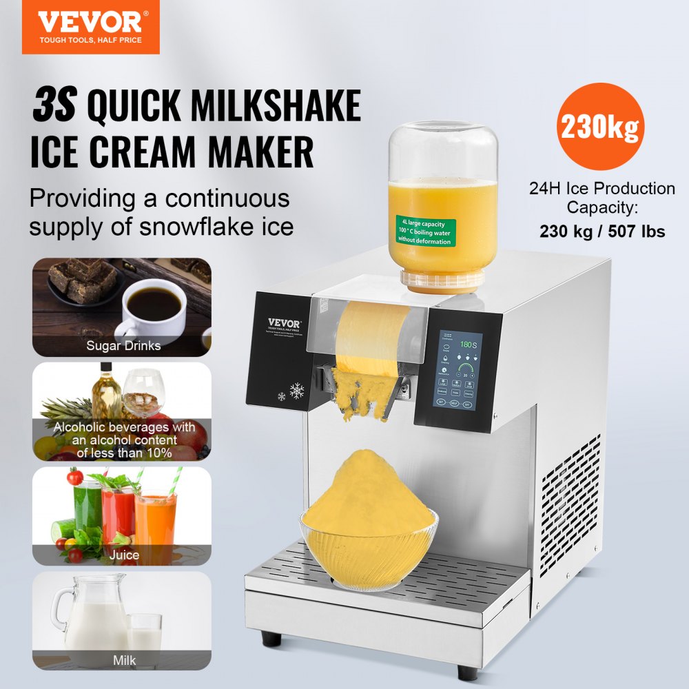 VEVOR Kommerzielle Schneeflocken-Eismaschine Schneeeisbereiter, 230 kg / 24 h Schneeflocken-Eismaschine, Edelstahl-Eisrasierer, elektrischer Schneekegel-Maker mit Luftkühlsystem & Touch-LCD