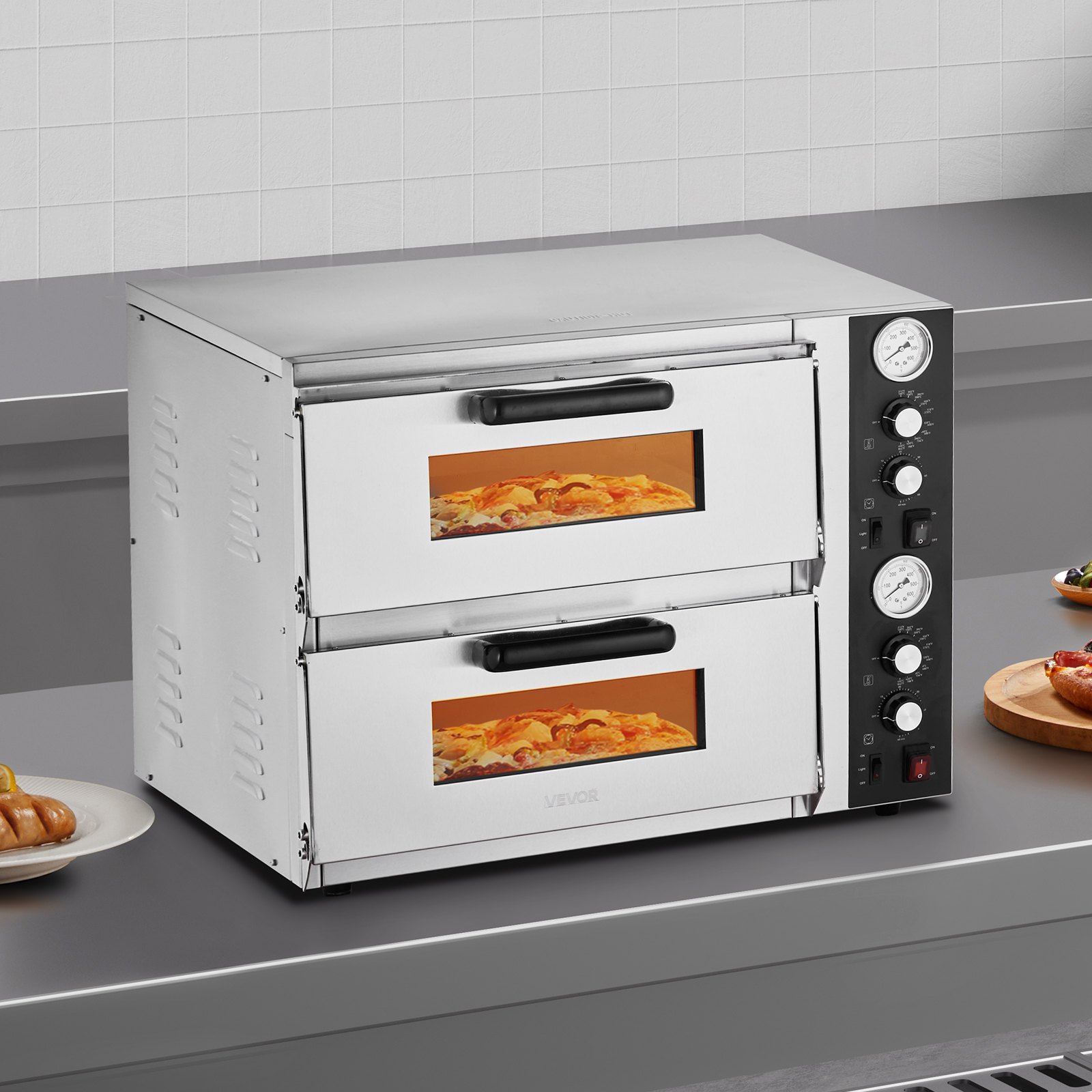 VEVOR elektrischer Pizzaofen für 457 mm Pizza 2500 + 2500 W Pizzabackofen bis 450 °C, Pizzamaker mit Zeit- und Temperaturregelung & Doppelkammer, Pizzabackmaschine Pizzamaschine multifunktional