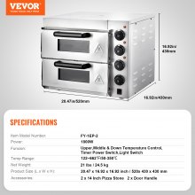 VEVOR Kommerzieller Pizzaofen Backofen 356mm Edelstahl Elektrisch 4 Drehknöpfe