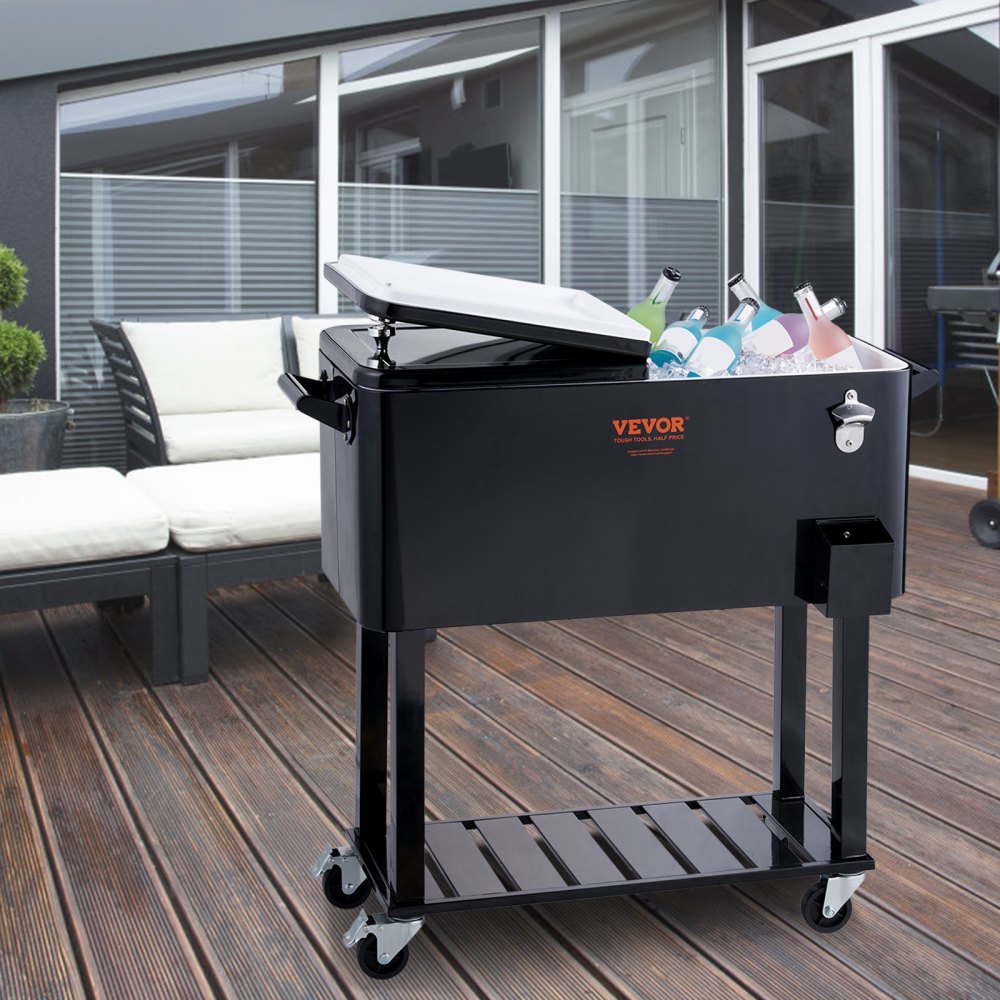 VEVOR Servierwagen Kühlwagen 80 QT, Beistellwagen Getränkewagen 930 x 460 x 890 mm, Getränkekühler Pulverbeschichtung-Getränkekühlwagen Eisbox Eiswagen Partywagen mit Trennblatt Beistellwagen Schwarz