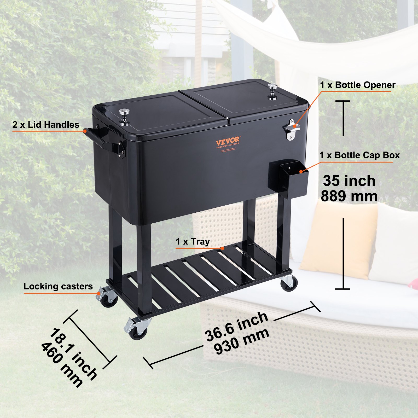 VEVOR Servierwagen Kühlwagen 80 QT, Beistellwagen Getränkewagen 930 x 460 x 890 mm, Getränkekühler Pulverbeschichtung-Getränkekühlwagen Eisbox Eiswagen Partywagen mit Trennblatt Beistellwagen Schwarz