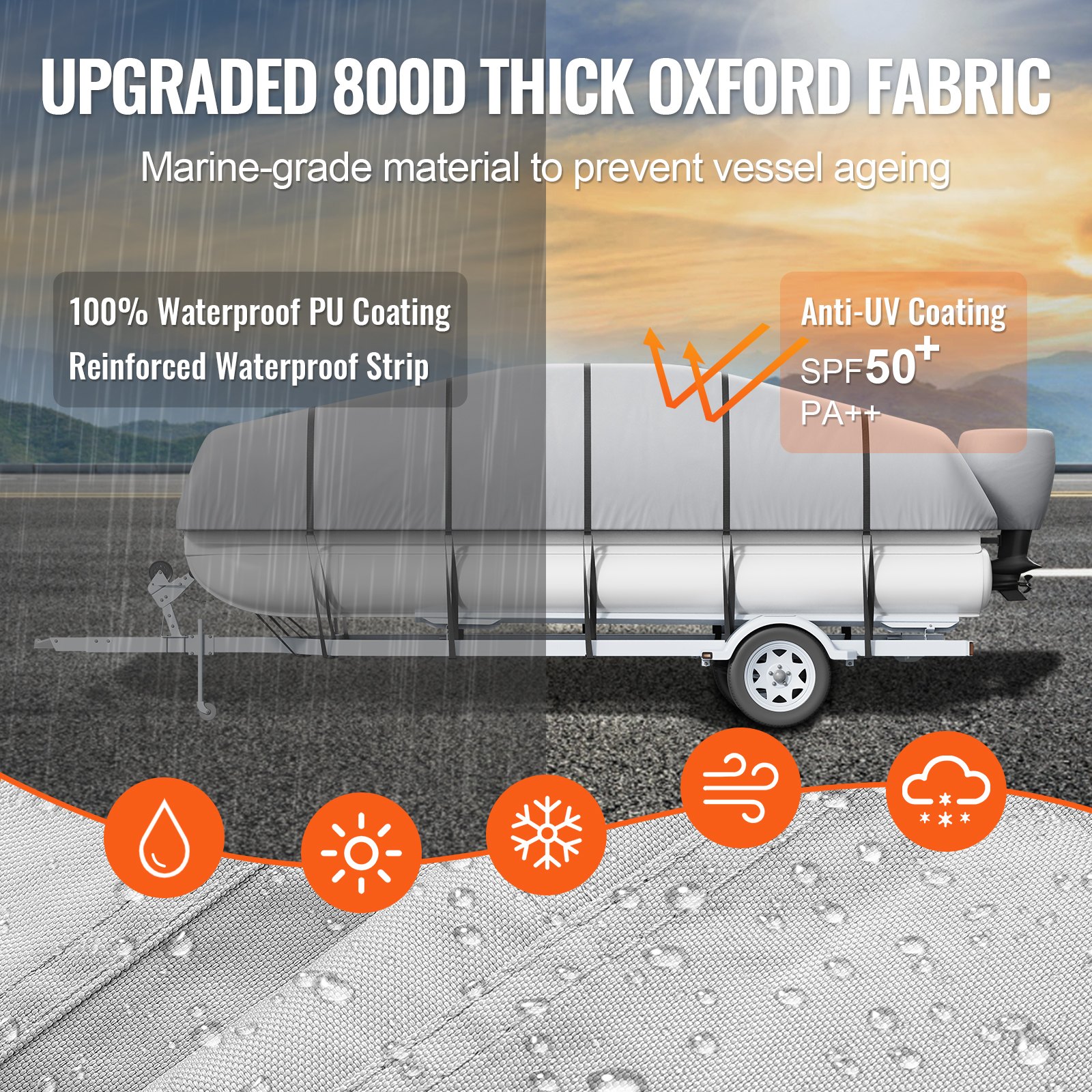 VEVOR Pontoon Boat Cover, 701-731 cm Waterproof, Trailerable Pontoon Cover, 800D Marine Grade PU Oxford Fabric, with Engine Cover, 16 Windproof Buckle Straps, Gray