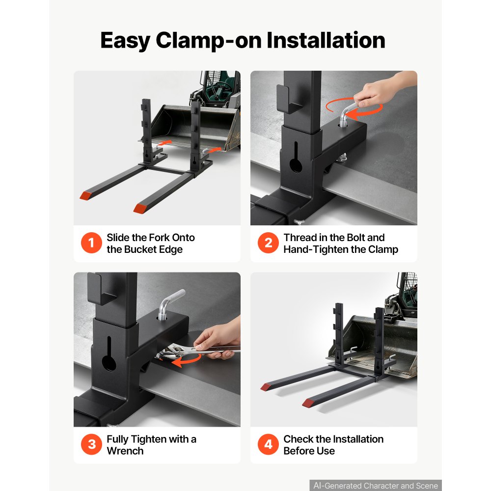 VEVOR Pallet Forks 1814 kg 1524 mm Clamp-On Pallet Forks Anti-Tilt Bar, Tractor Attachment for Skid Steer & Loader Bucket, Adjustable Stabilizer Bar, Heavy-Duty Reinforced Bucket Fork, Orange Tips