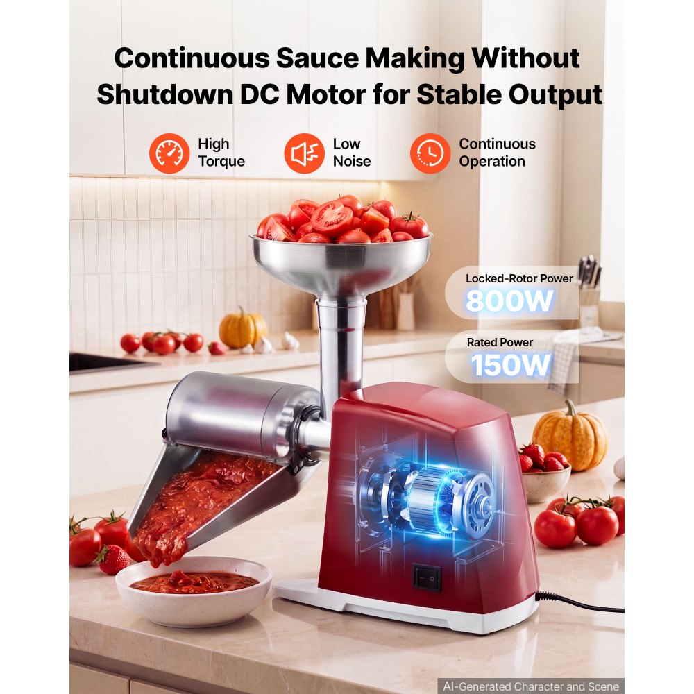 VEVOR Tomatenpresse Elektrisch Max. 800 W aus Edelstahl Passiermaschine für Erdbeermarmelade Kürbispüree Salsa und Saft, 4 Siebe mit 1 / 1,5 / 3 / 6 mm Maschenweite Schutzdeckel Reinigungsbürste Rot