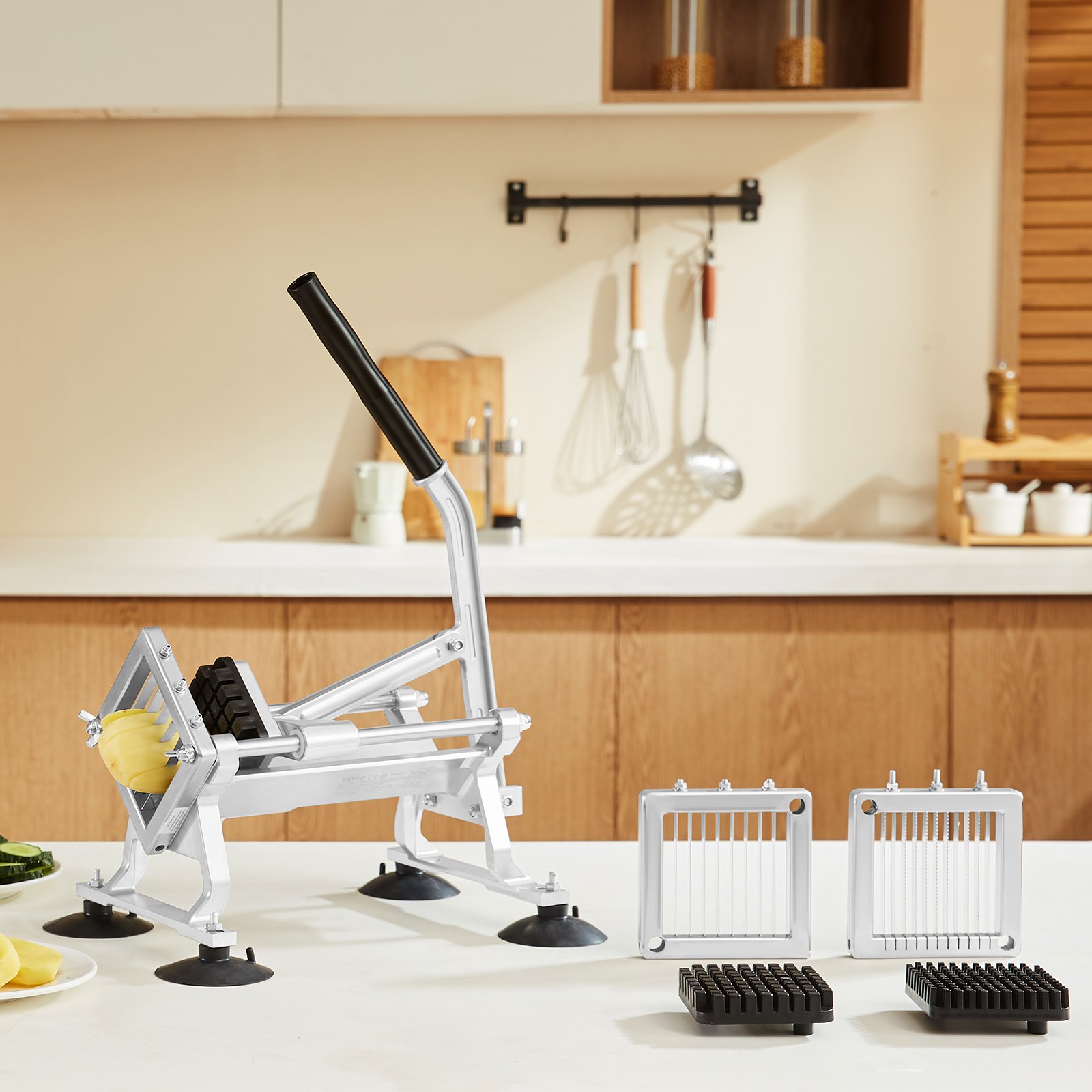 VEVOR Kommerzieller Gemüsehobel, 1/4 + 3/8 + 1/2 Zoll Obsthobel, Gemüseschneider aus Edelstahl & Aluminiumlegierung, Manueller Hobel mit Rutschfesten Füßen, für Radieschen, Zwiebeln, Kartoffeln