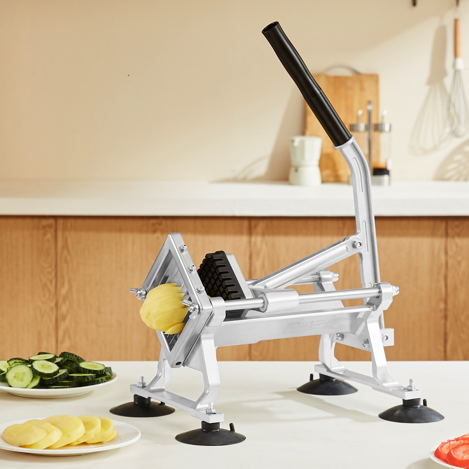 VEVOR Kommerzieller Gemüseschneider, 3/8 Zoll Obstschneider, Gemüseschneider aus Edelstahl & Aluminiumlegierung, Schneider mit rutschfesten Füßen, für Radieschen, Zwiebeln, Kartoffeln, Zitronen