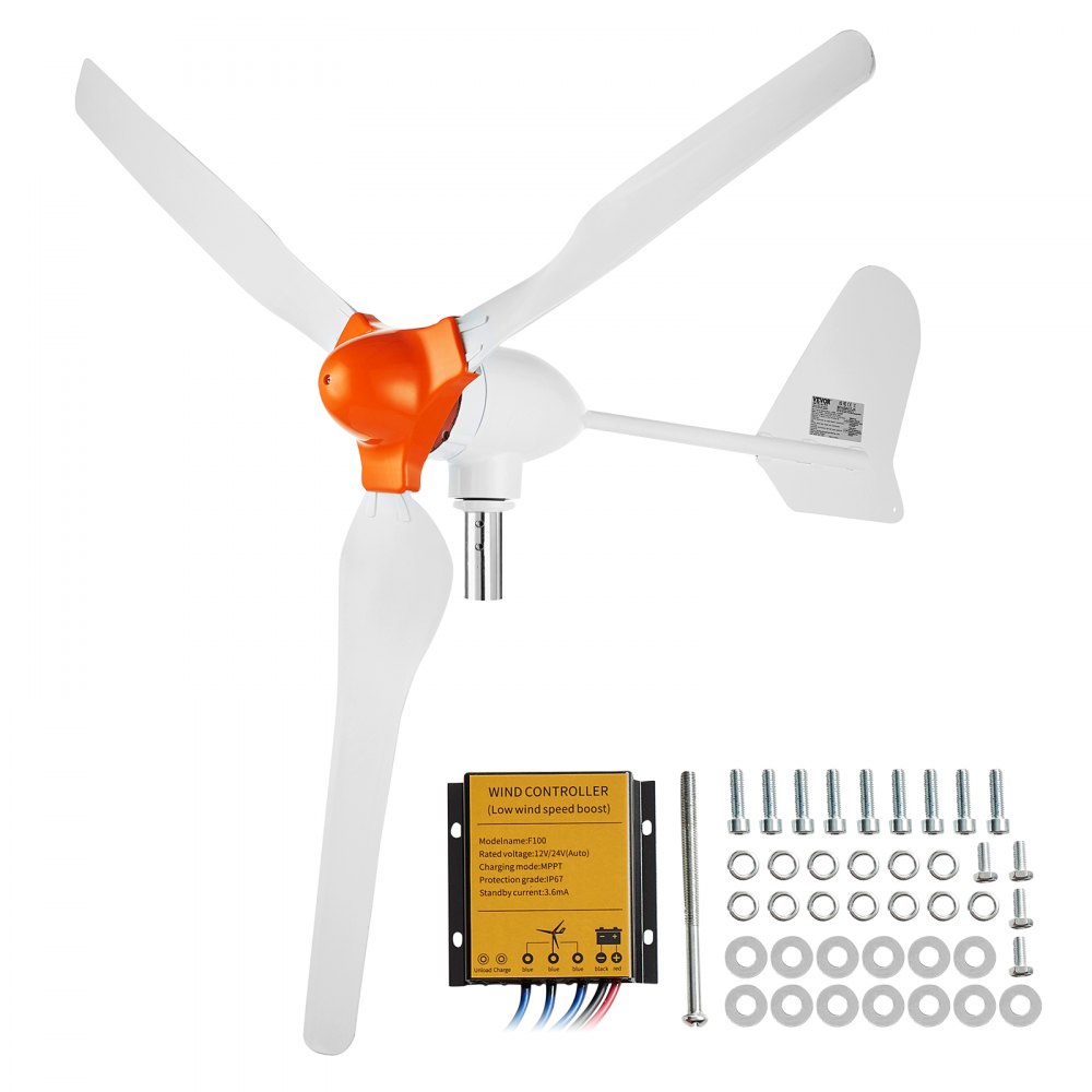 VEVOR-Windturbinengenerator mit drei weißen Rotorblättern, orangefarbener Nabe, Windregler und Montagezubehör.