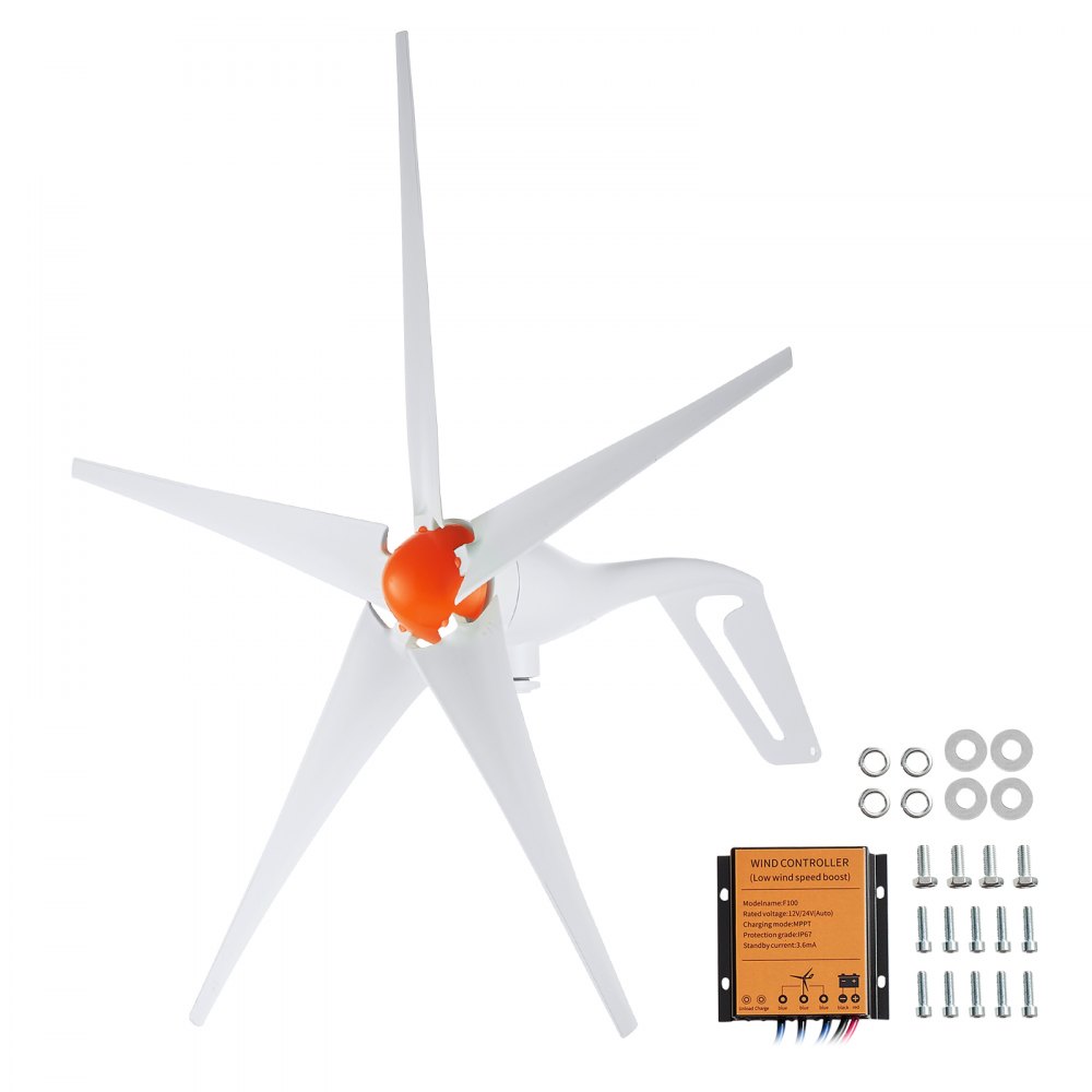 VEVOR-Windturbinengenerator mit weißen Rotorblättern, orangefarbener Mitte, Windregler, Schrauben und Unterlegscheiben.