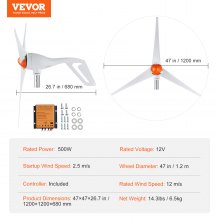 VEVOR 500 W Windkraftanlage 12 V Windgenerator 3-Blatt-Windkraftgenerator mit MPPT-Regler einstellbare Windrichtung und 2,5 m/s Startwindgeschwindigkeit geeignet für Zuhause Bauernhof Wohnmobile Boote
