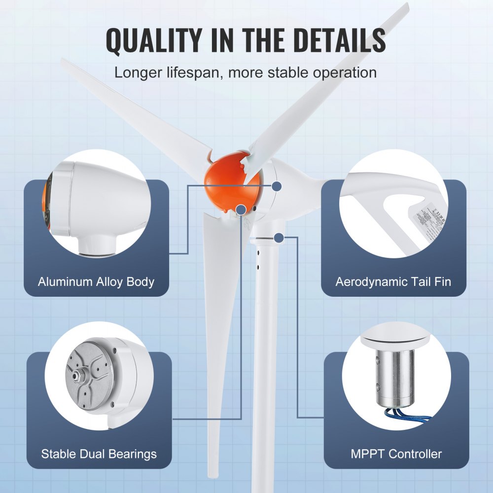 VEVOR 500W Wind Turbine 24V Wind Generator 3-Blade Wind Turbine with MPPT Controller, Adjustable Wind Direction and 2.5 m/s Start-Up Wind Speed, Suitable for Home, Farm, RVs, Boats