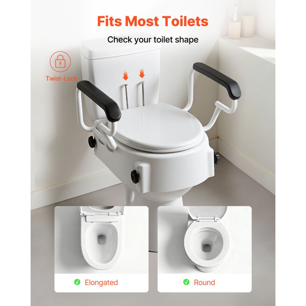 VEVOR Toilettensitzerhöhung Toilettenerhöhung mit gepolsterten Armlehnen & 136 kg Tragkraft, höhenverstellbarer (3-stufig) erhöhter Toilettensitz für ältere Menschen Senioren Behinderte