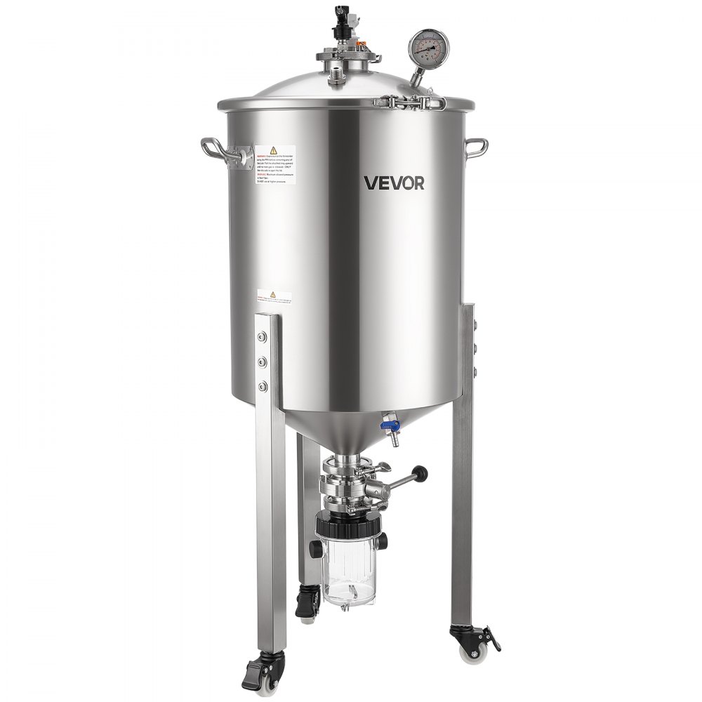 VEVOR konischer Gärbehälter Edelstahl 60 L Gärtank für Heimbrauen, Gärkessel mit konischem Boden & 3 Lenkrollen & Deckel & Griff & Thermometer, Gärfass für Wein- und Biergärung