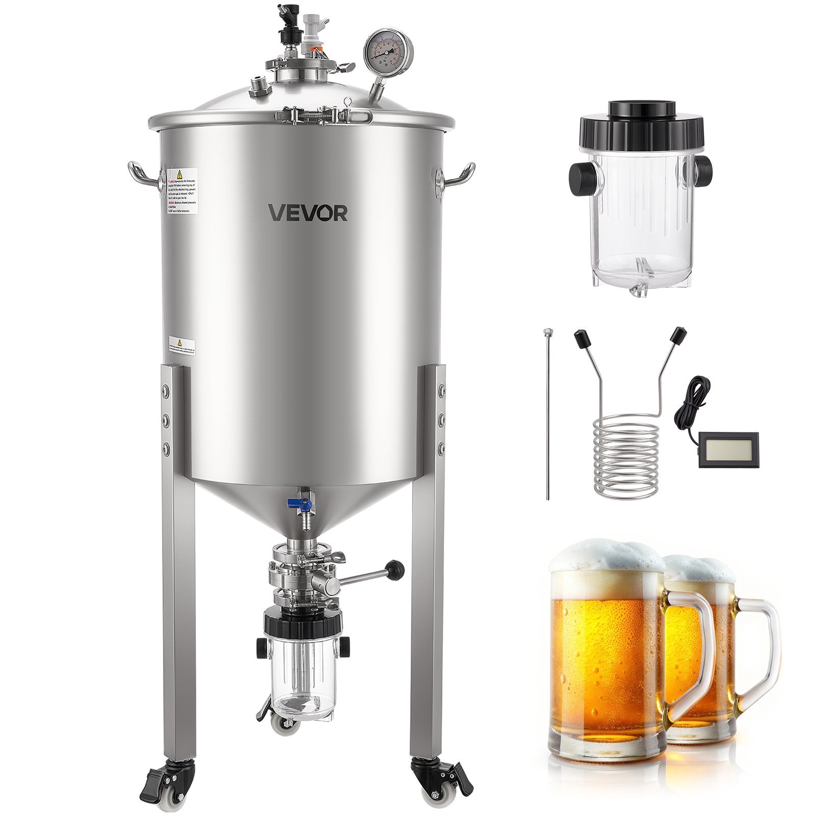 VEVOR konischer Gärbehälter Edelstahl 60 L Gärtank für Heimbrauen, Gärkessel mit konischem Boden & 3 Lenkrollen & Deckel & Griff & Thermometer, Gärfass für Wein- und Biergärung