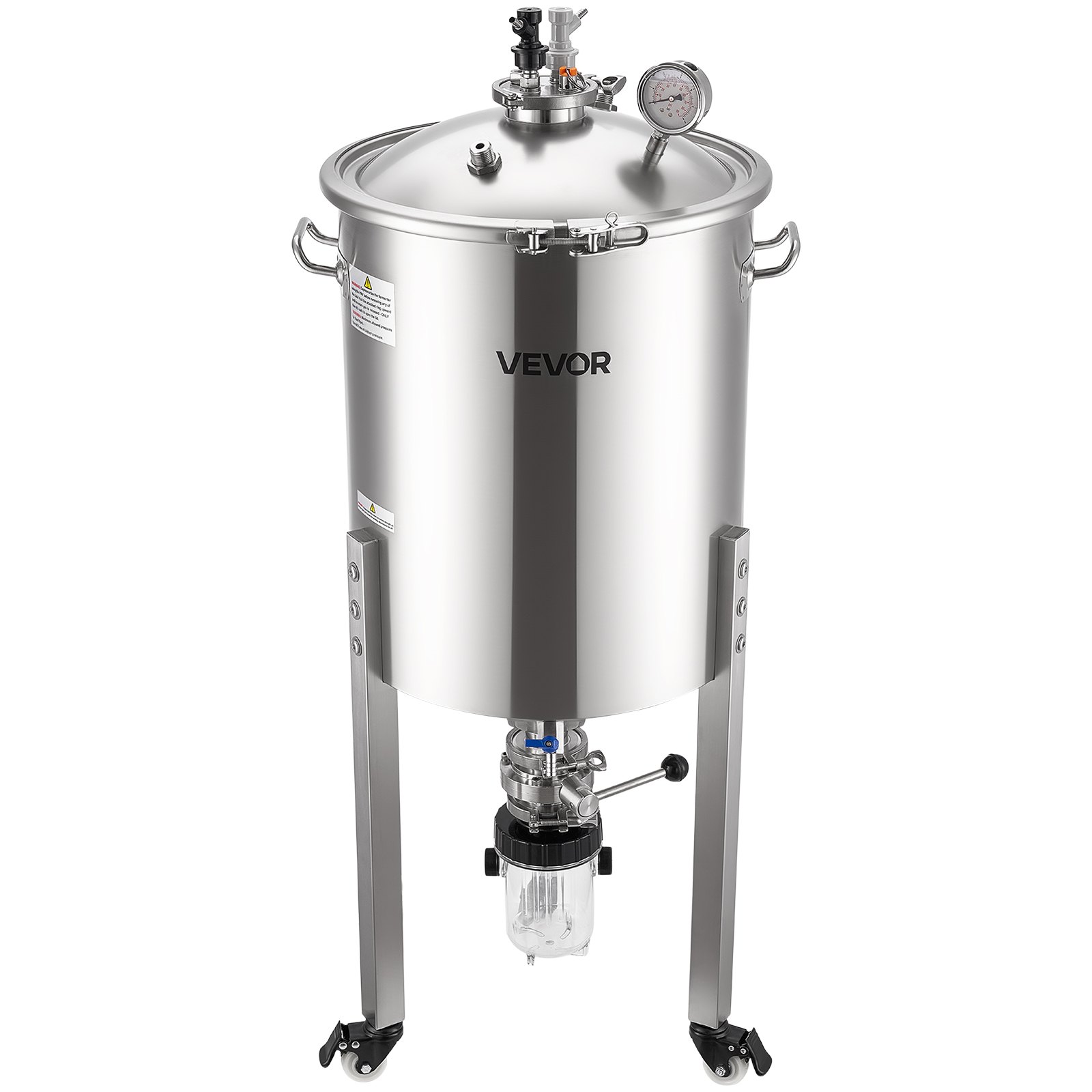 VEVOR konischer Gärbehälter Edelstahl 60 L Gärtank für Heimbrauen, Gärkessel mit konischem Boden & 3 Lenkrollen & Deckel & Griff & Thermometer, Gärfass für Wein- und Biergärung