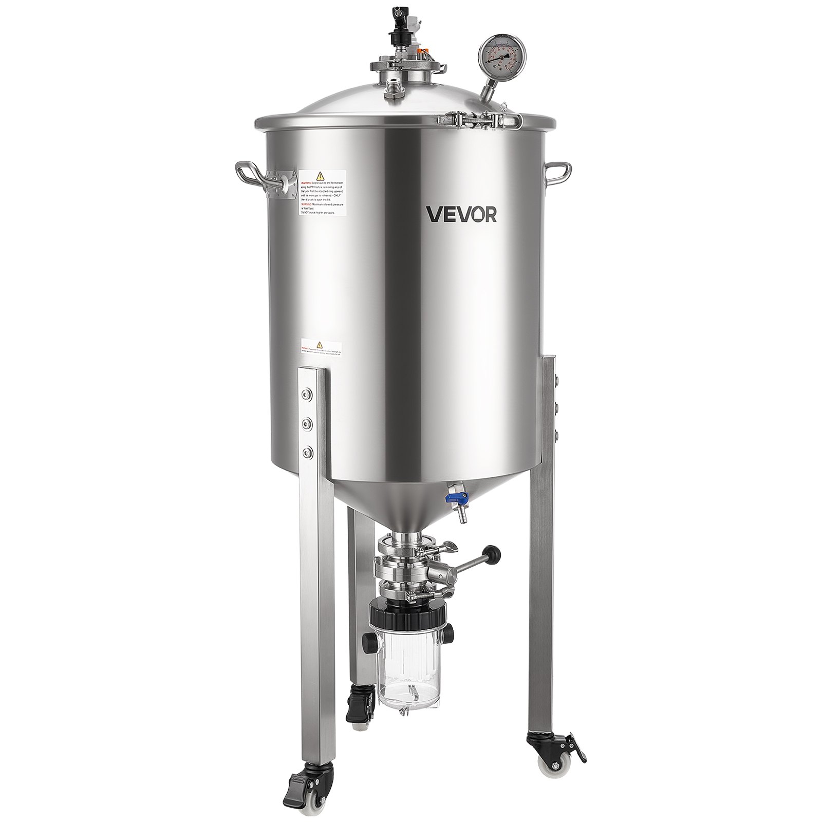 VEVOR konischer Gärbehälter Edelstahl 60 L Gärtank für Heimbrauen, Gärkessel mit konischem Boden & 3 Lenkrollen & Deckel & Griff & Thermometer, Gärfass für Wein- und Biergärung