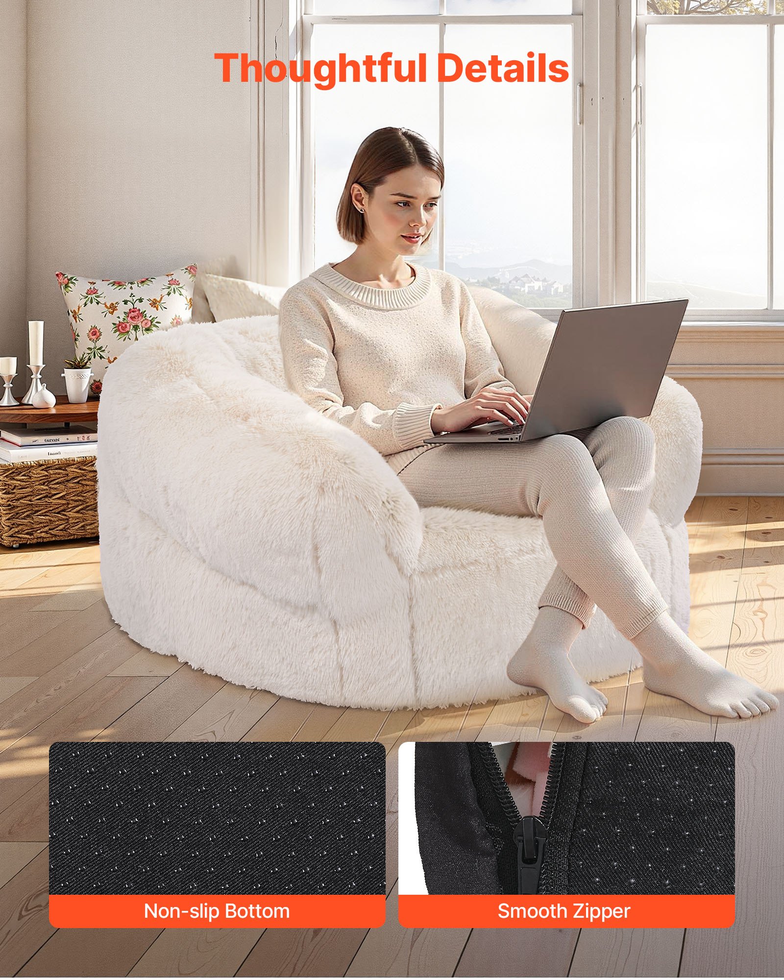 VEVOR Sitzsack Bodenkissen Sofasessel für Erwachsene mit Armlehnen & flauschiger Plüsch & hochdichter Schaumstofffüllung, bequemer Lazy-Sofa, ideal für Wohnzimmer, Schlafzimmer, Beige