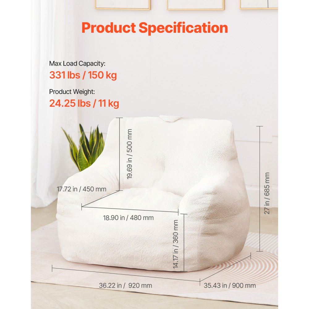 VEVOR Sitzsack Sitzkissen Bean Bag (920 x 900 x 685 mm) mit Armlehnen & Aufbewahrungstasche, gefüllt mit 25D Memory Foam mit weichem Teddy-Samtbezug, Sitzsack für Schlafzimmer Spielzimmer, Weiß