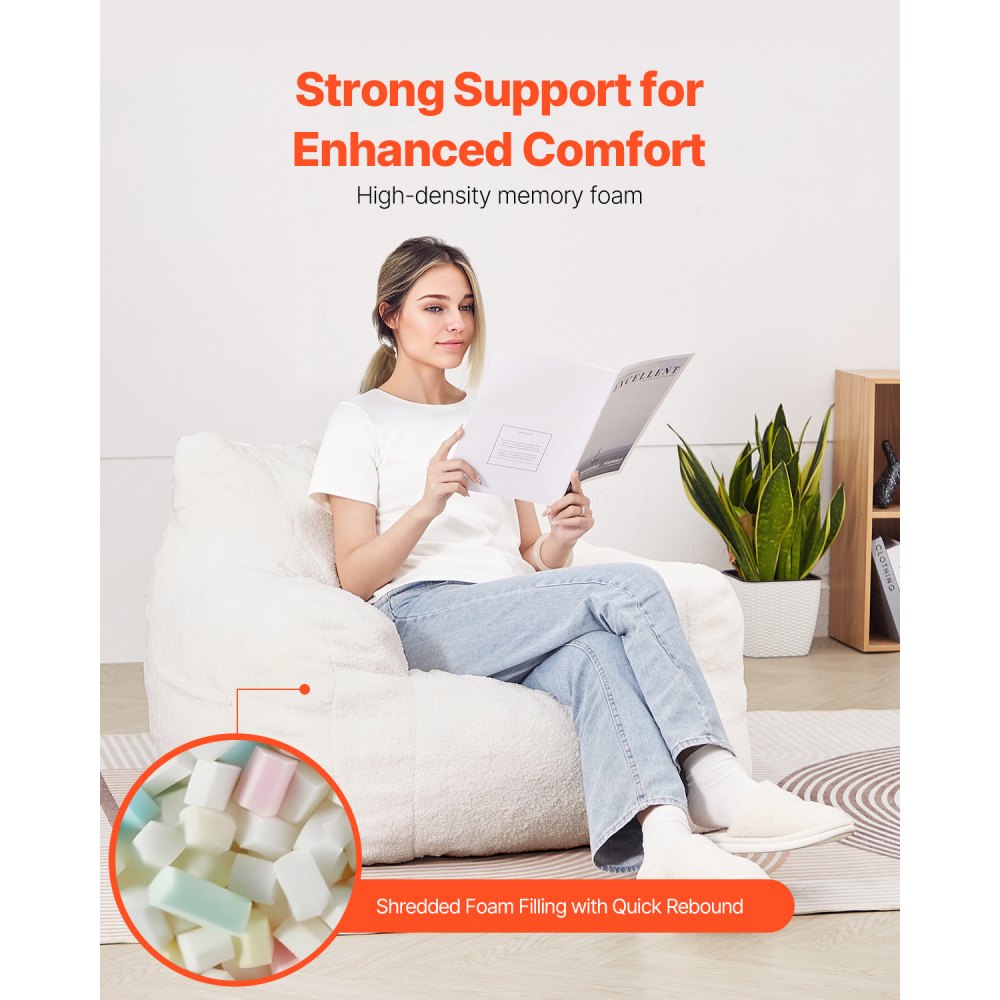 VEVOR Sitzsack Sitzkissen Bean Bag (920 x 900 x 685 mm) mit Armlehnen & Aufbewahrungstasche, gefüllt mit 25D Memory Foam mit weichem Teddy-Samtbezug, Sitzsack für Schlafzimmer Spielzimmer, Weiß