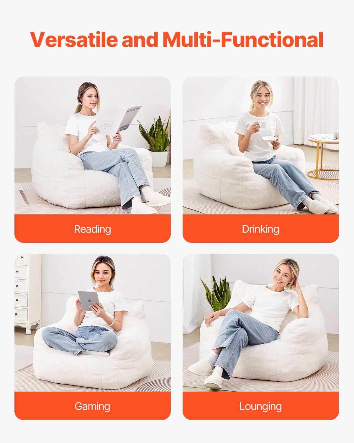 VEVOR Sitzsack Sitzkissen Bean Bag (920 x 900 x 685 mm) mit Armlehnen & Aufbewahrungstasche, gefüllt mit 25D Memory Foam mit weichem Teddy-Samtbezug, Sitzsack für Schlafzimmer Spielzimmer, Weiß