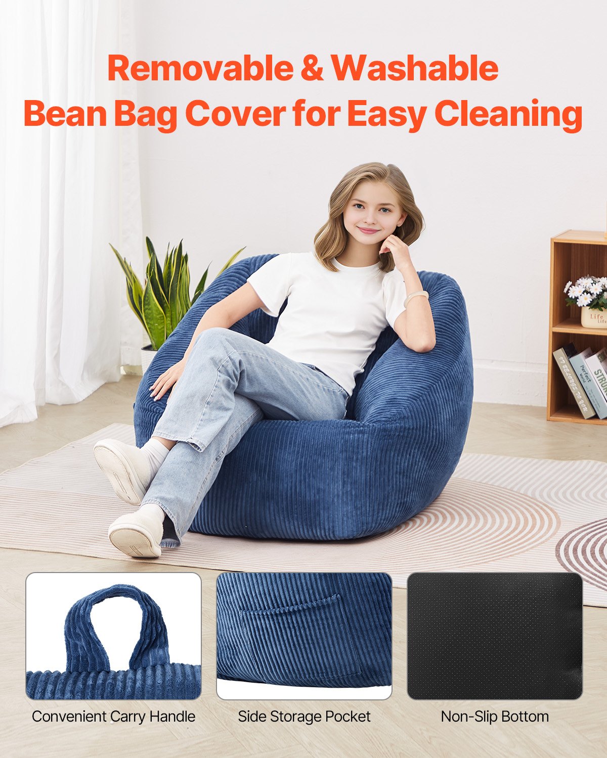 VEVOR Sitzsack Sitzkissen Bean Bag (900 x 850 x 790 mm) mit Armlehnen & Aufbewahrungstasche, gefüllt mit 25D Memory Foam mit weichem Teddy-Samtbezug, Sitzsack für Schlafzimmer Spielzimmer, Blau