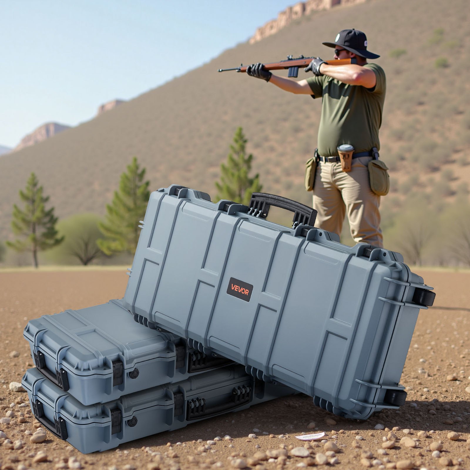 VEVOR Waffenkoffer mit Hartschale für Langwaffen, abschließbarer Gewehrkoffer mit vorgeschnittenen Schaumstoffen, Langwaffenkoffer Waffenaufbewahrung rollbar IP67 wasserfest, 978x420x173 mm Grau