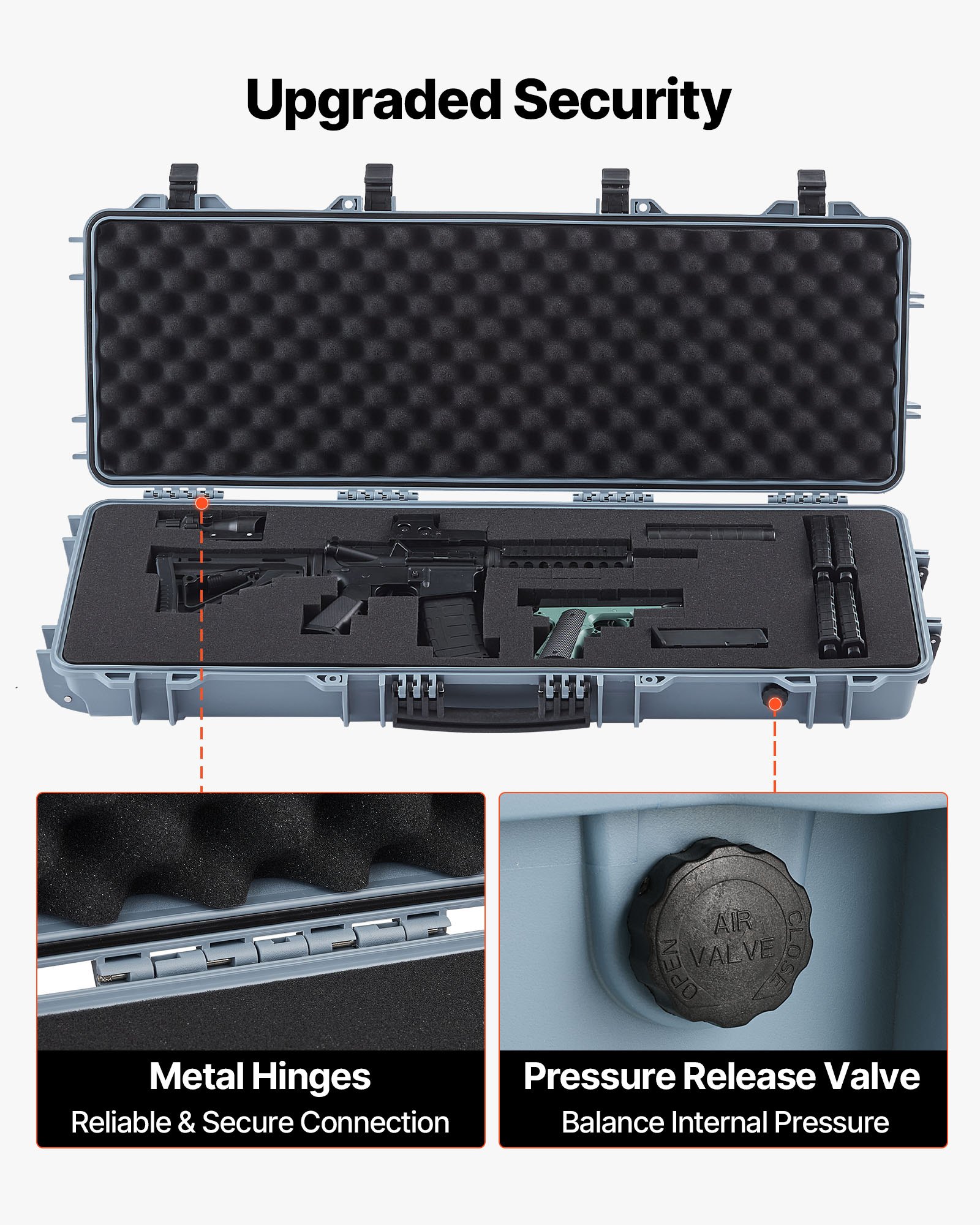 VEVOR Waffenkoffer mit Hartschale für Langwaffen, abschließbarer Gewehrkoffer mit vorgeschnittenen Schaumstoffen, Langwaffenkoffer Waffenaufbewahrung rollbar IP67 wasserfest, 1089x392x155 mm Grau