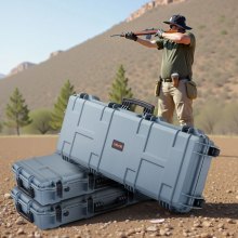 VEVOR Waffenkoffer mit Hartschale für Langwaffen, abschließbarer Gewehrkoffer mit vorgeschnittenen Schaumstoffen, Langwaffenkoffer Waffenaufbewahrung rollbar IP67 wasserfest, 1090x410x155 mm Grau