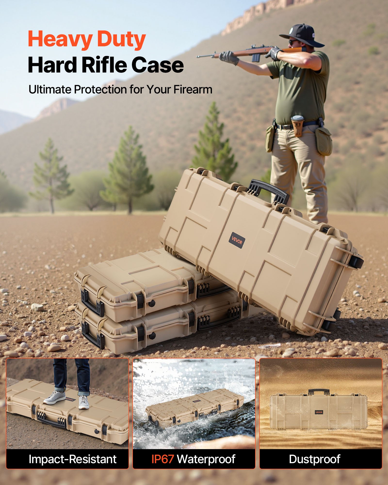 VEVOR Waffenkoffer mit Hartschale für Langwaffen, abschließbarer Gewehrkoffer mit vorgeschnittenen Schaumstoffen, Langwaffenkoffer Waffenaufbewahrung rollbar IP67 wasserfest, 1042x352x91 mm Khaki